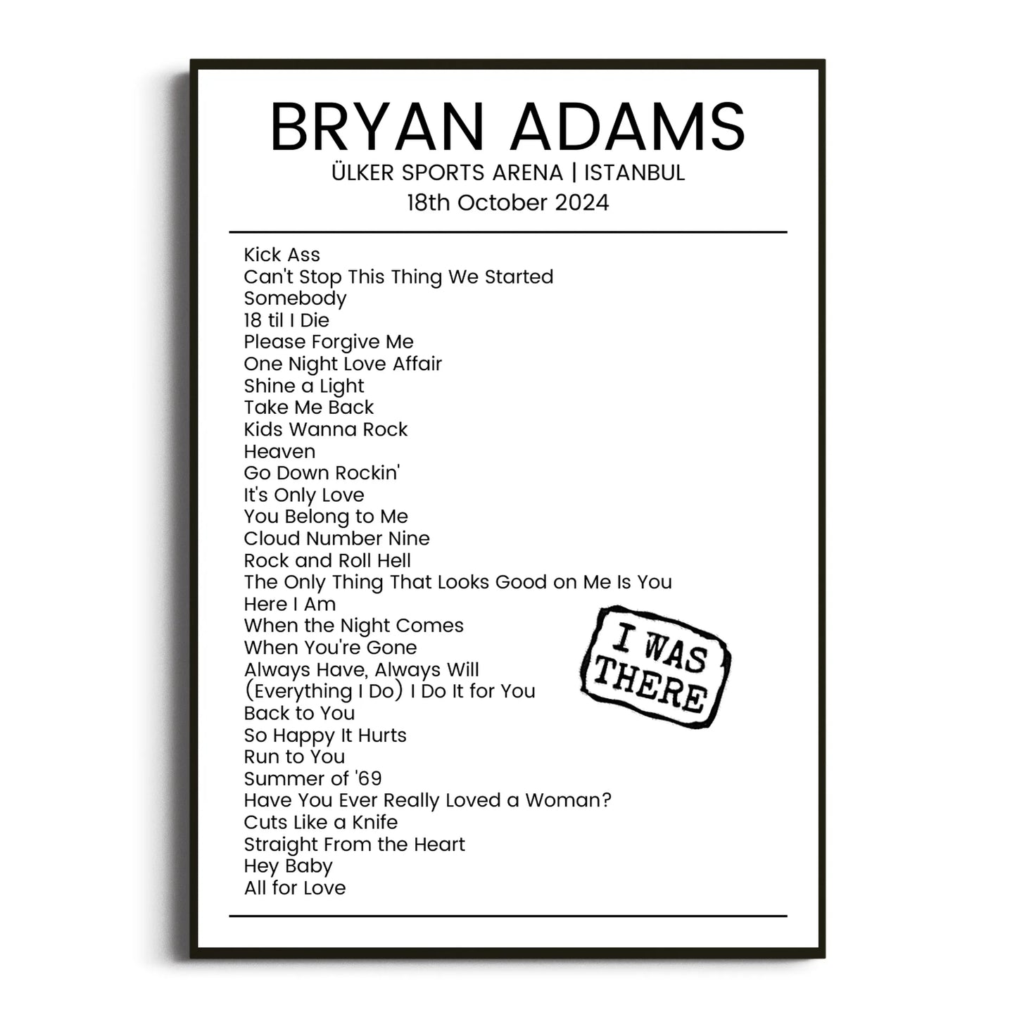 Bryan Adams Istanbul 18 October 2024 Setlist Poster