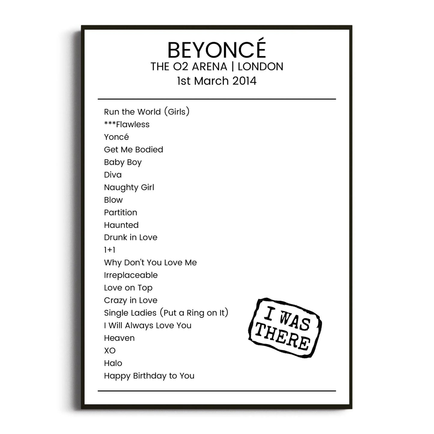 Beyoncé London 01 March 2014 Setlist Poster