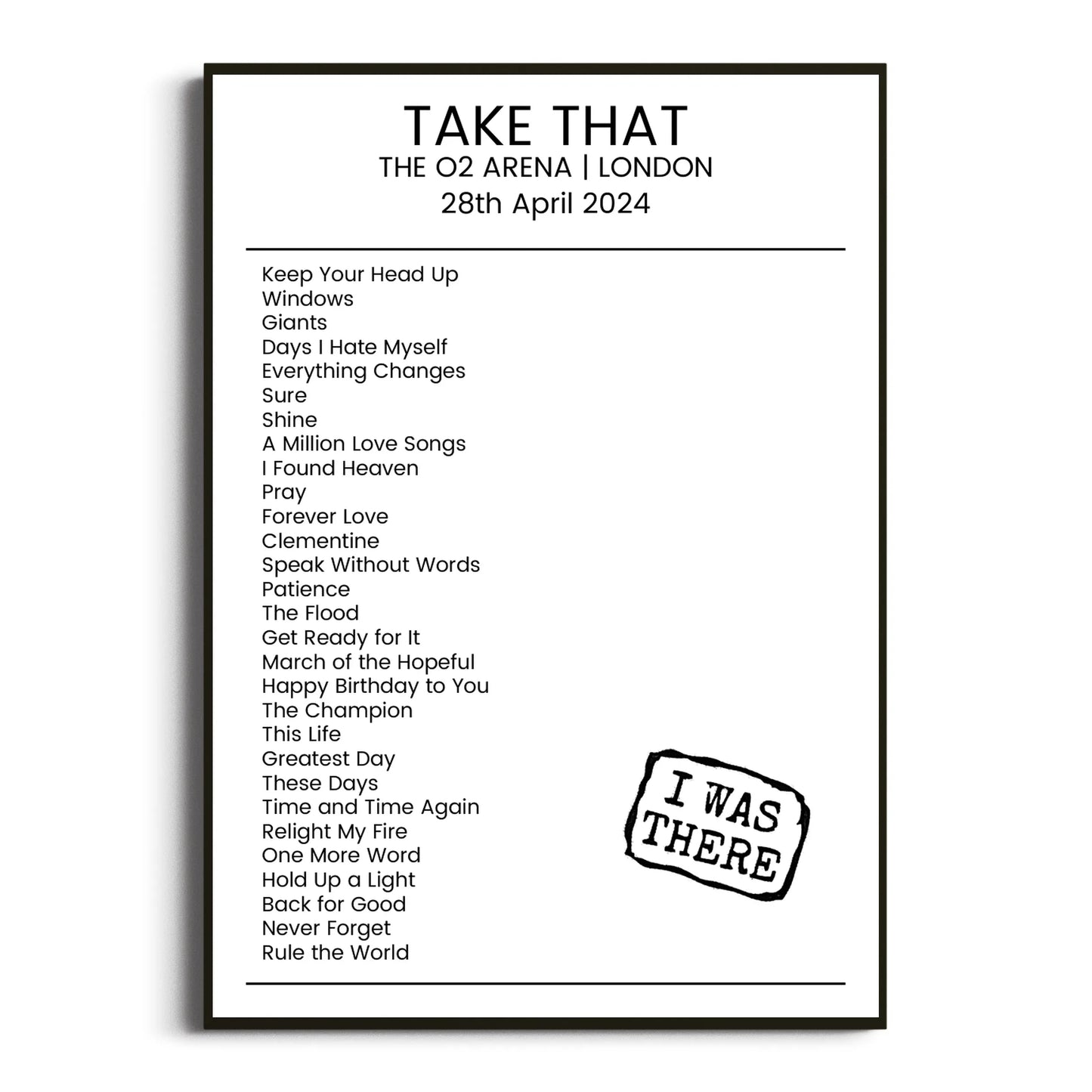 Take That London 28 April 2024 Setlist Poster