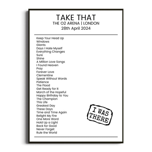 Take That London 28 April 2024 Setlist Poster