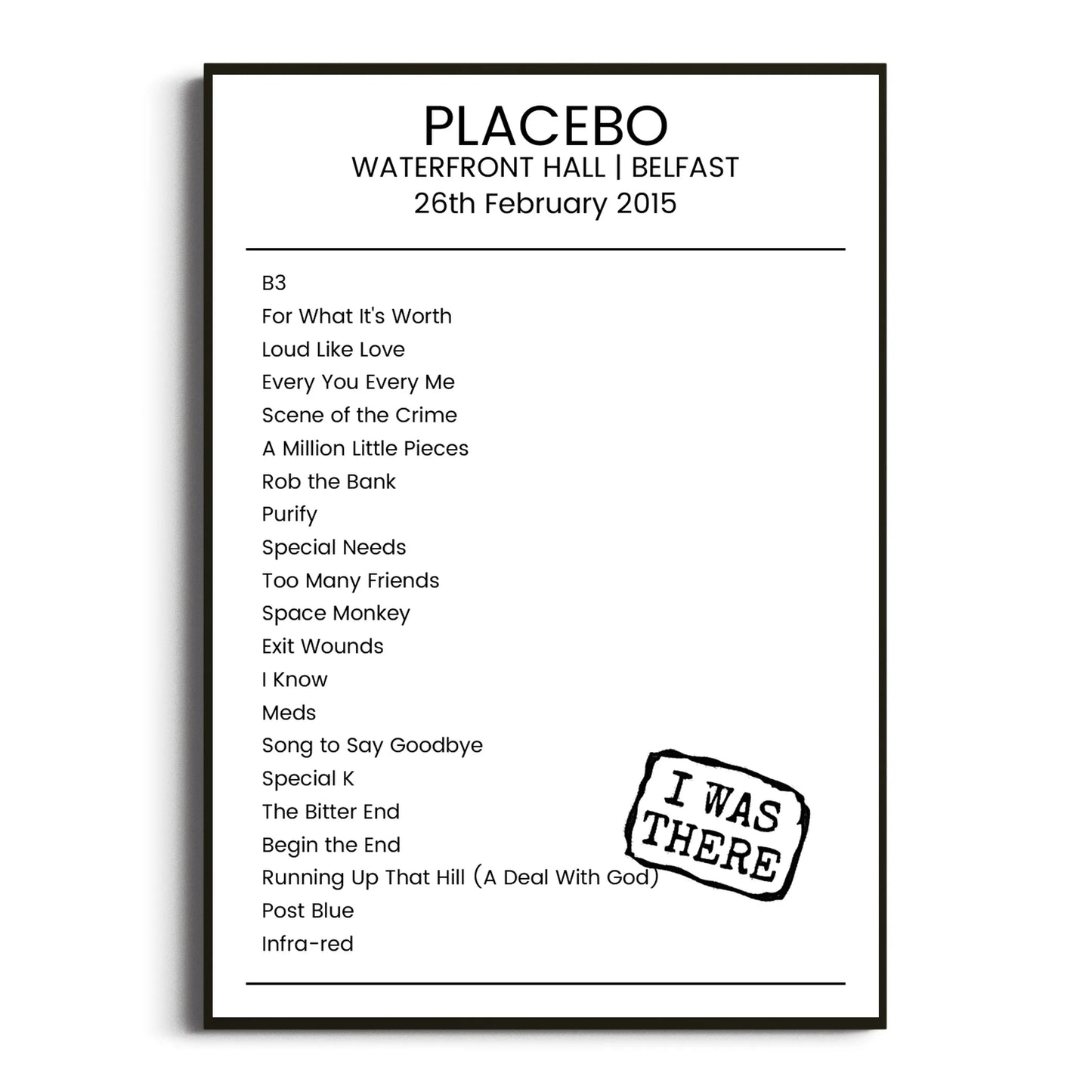 Placebo Belfast 26 February 2015 Setlist Poster