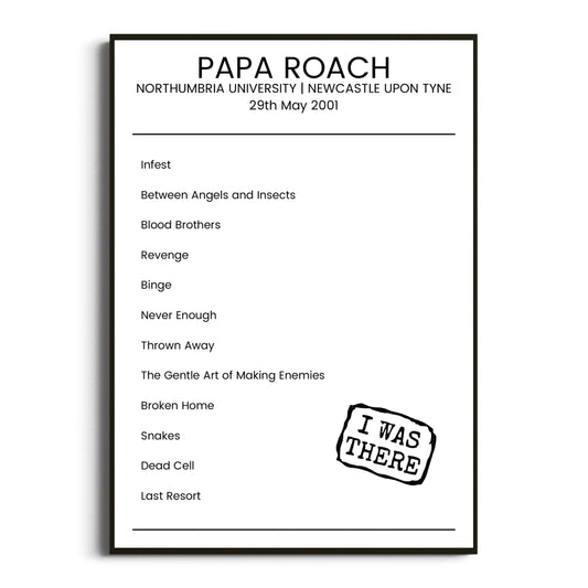 Papa Roach Newcastle upon Tyne 29 May 2001 Setlist Poster