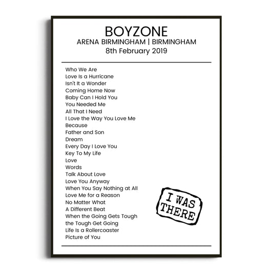 Boyzone Birmingham 08 February 2019 Setlist Poster