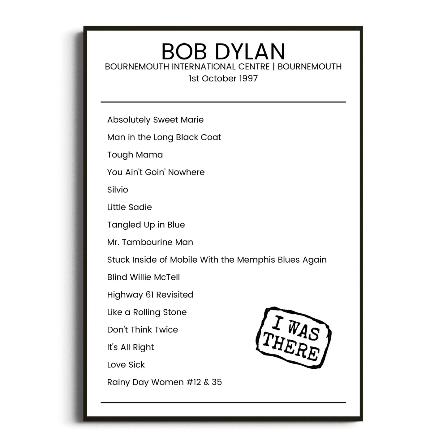 Bob Dylan Bournemouth 01 October 1997 Setlist Poster