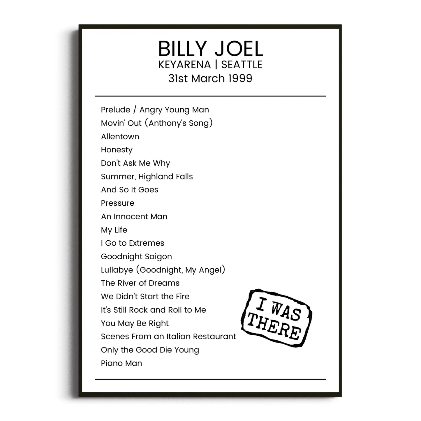 Billy Joel Seattle 31 March 1999 Setlist Poster