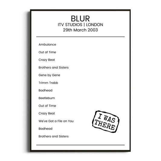 Blur London 29 March 2003 Setlist Poster