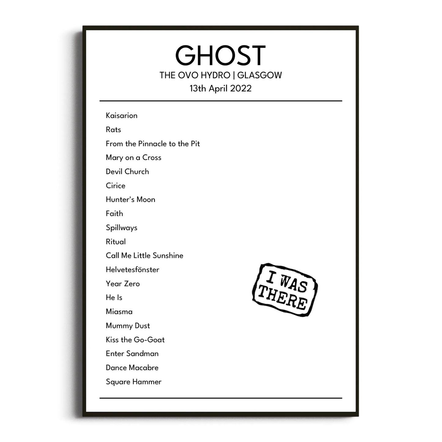 Ghost Glasgow 13 April 2022 Setlist Poster