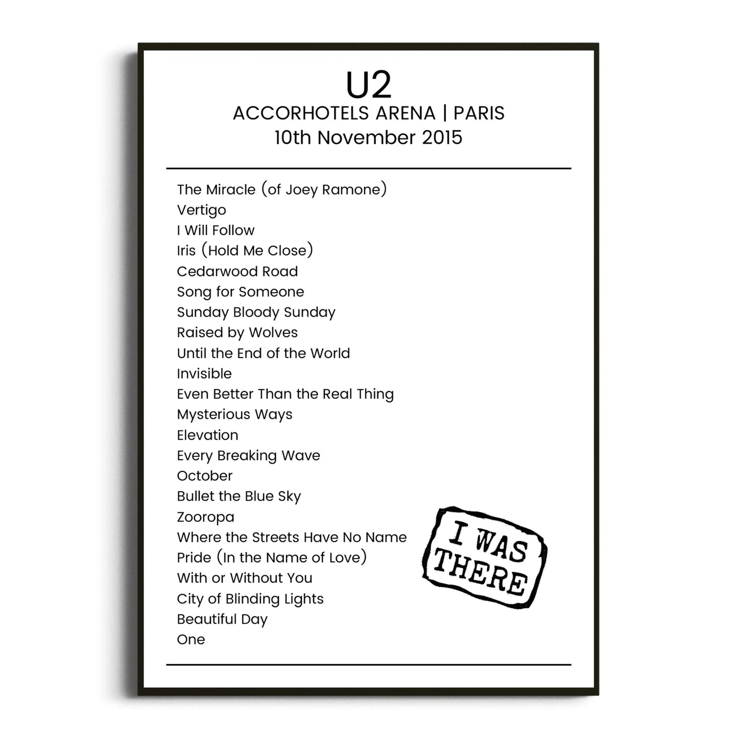 U2 Paris 10 November 2015 Setlist Poster