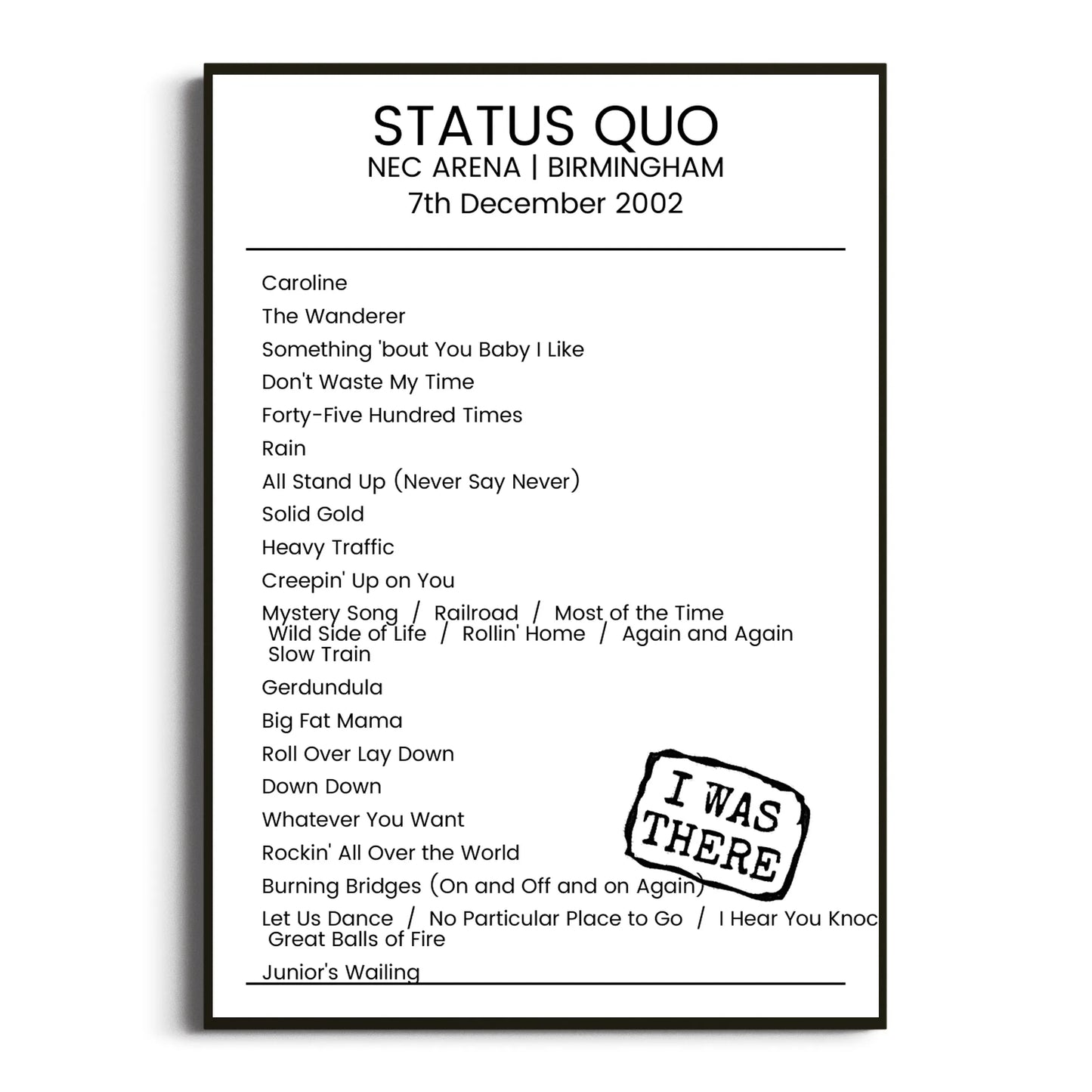 Status Quo Birmingham 07 December 2002 Setlist Poster