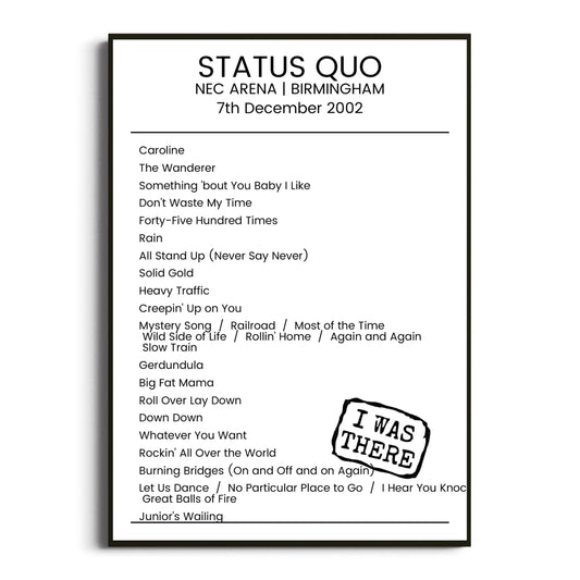 Status Quo Birmingham 07 December 2002 Setlist Poster