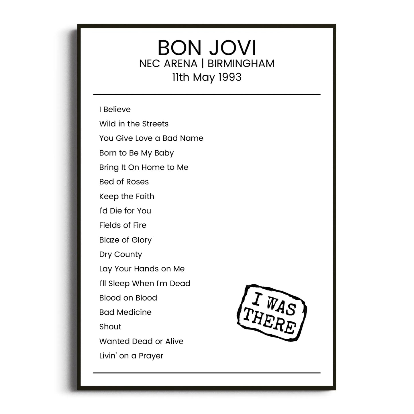 Bon Jovi Birmingham 11 May 1993 Setlist Poster