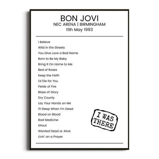 Bon Jovi Birmingham 11 May 1993 Setlist Poster