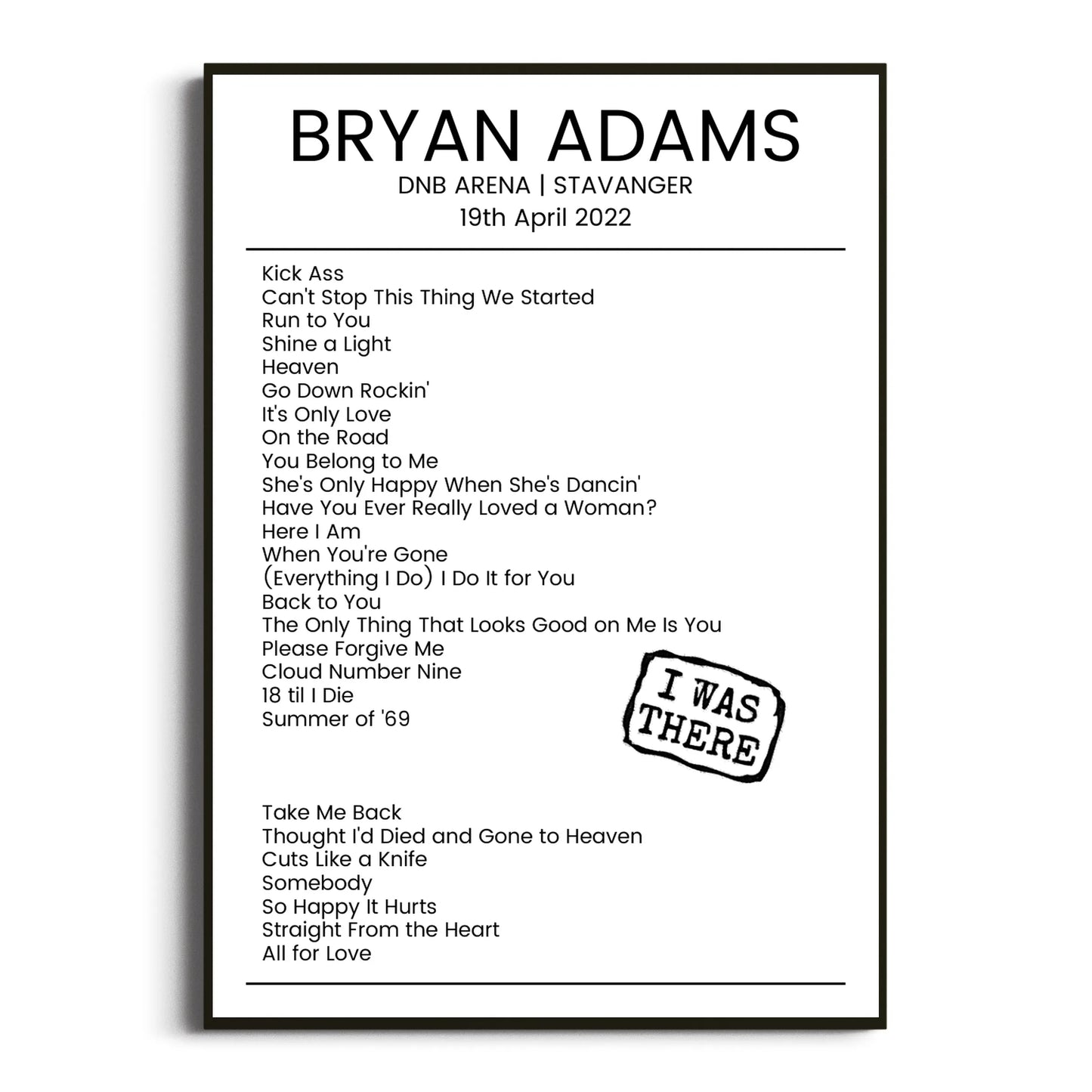 Bryan Adams Stavanger 19 April 2022 Setlist Poster