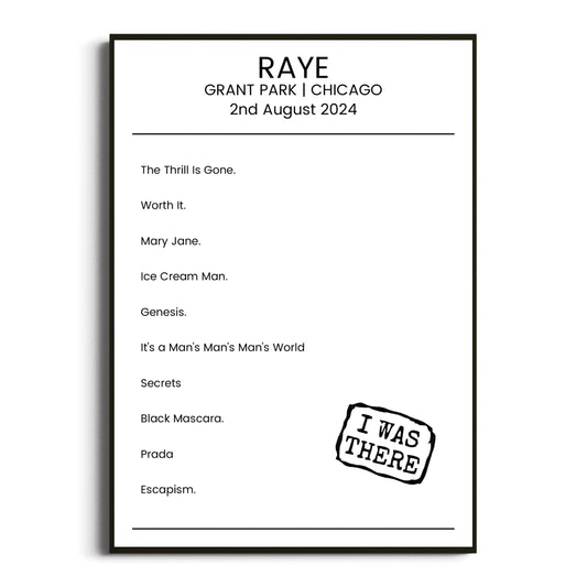 RAYE Chicago 02 August 2024 Setlist Poster