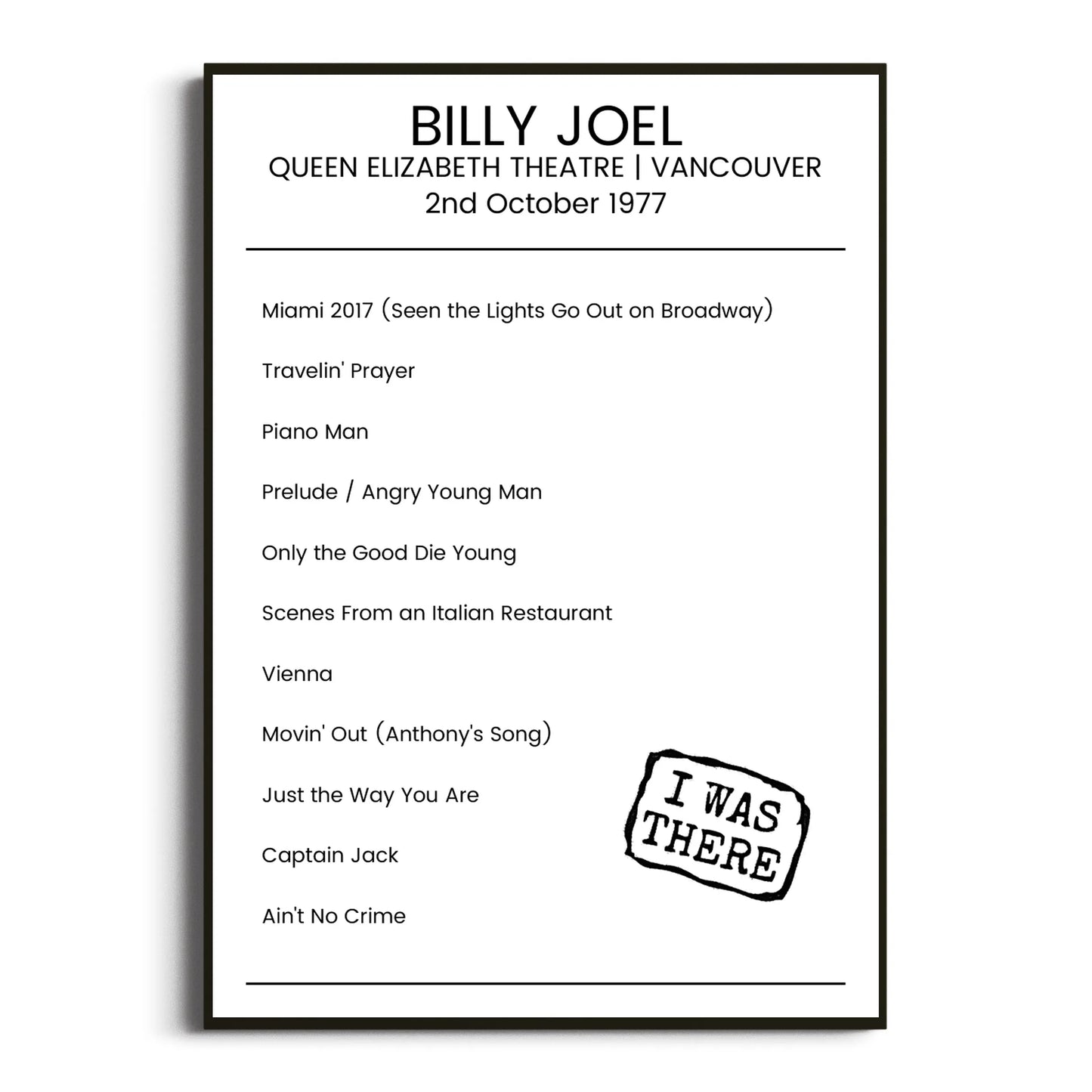 Billy Joel Vancouver 02 October 1977 Setlist Poster