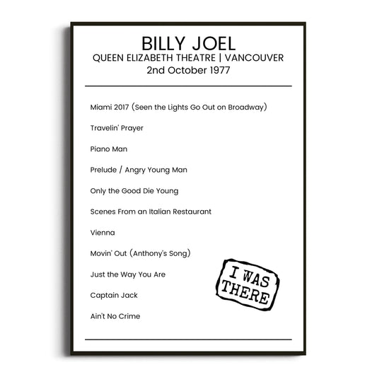 Billy Joel Vancouver 02 October 1977 Setlist Poster