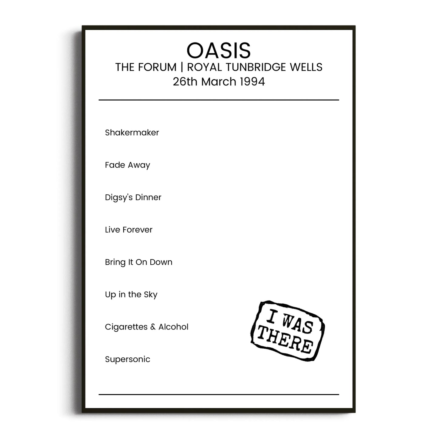 Oasis Royal Tunbridge Wells 26 March 1994 Setlist Poster