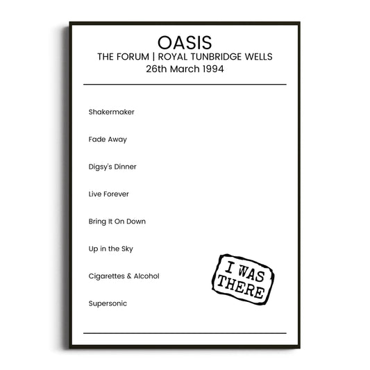 Oasis Royal Tunbridge Wells 26 March 1994 Setlist Poster