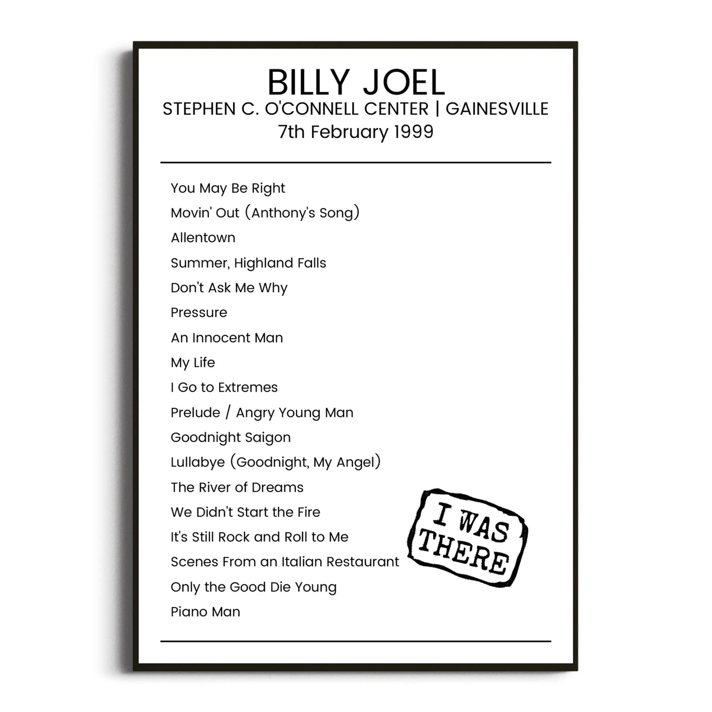 Billy Joel Gainesville 07 February 1999 Setlist Poster