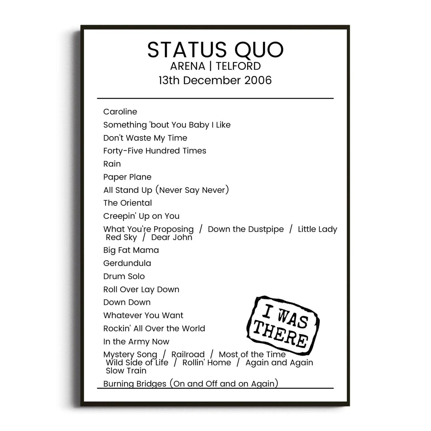 Status Quo Telford 13 December 2006 Setlist Poster