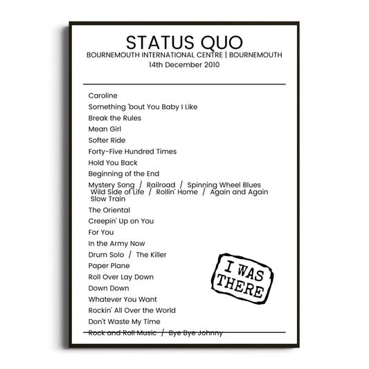 Status Quo Bournemouth 14 December 2010 Setlist Poster