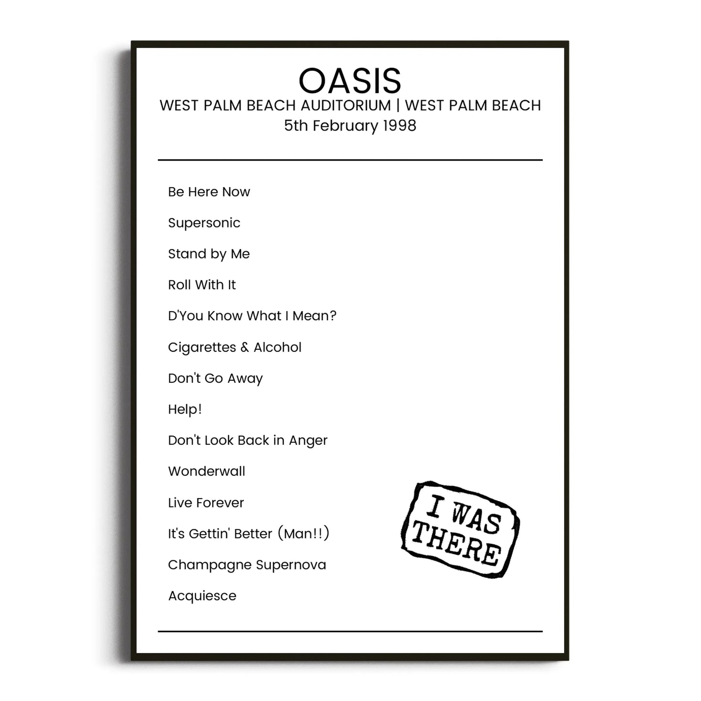 Oasis West Palm Beach 05 February 1998 Setlist Poster