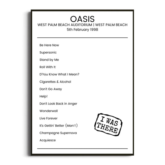 Oasis West Palm Beach 05 February 1998 Setlist Poster