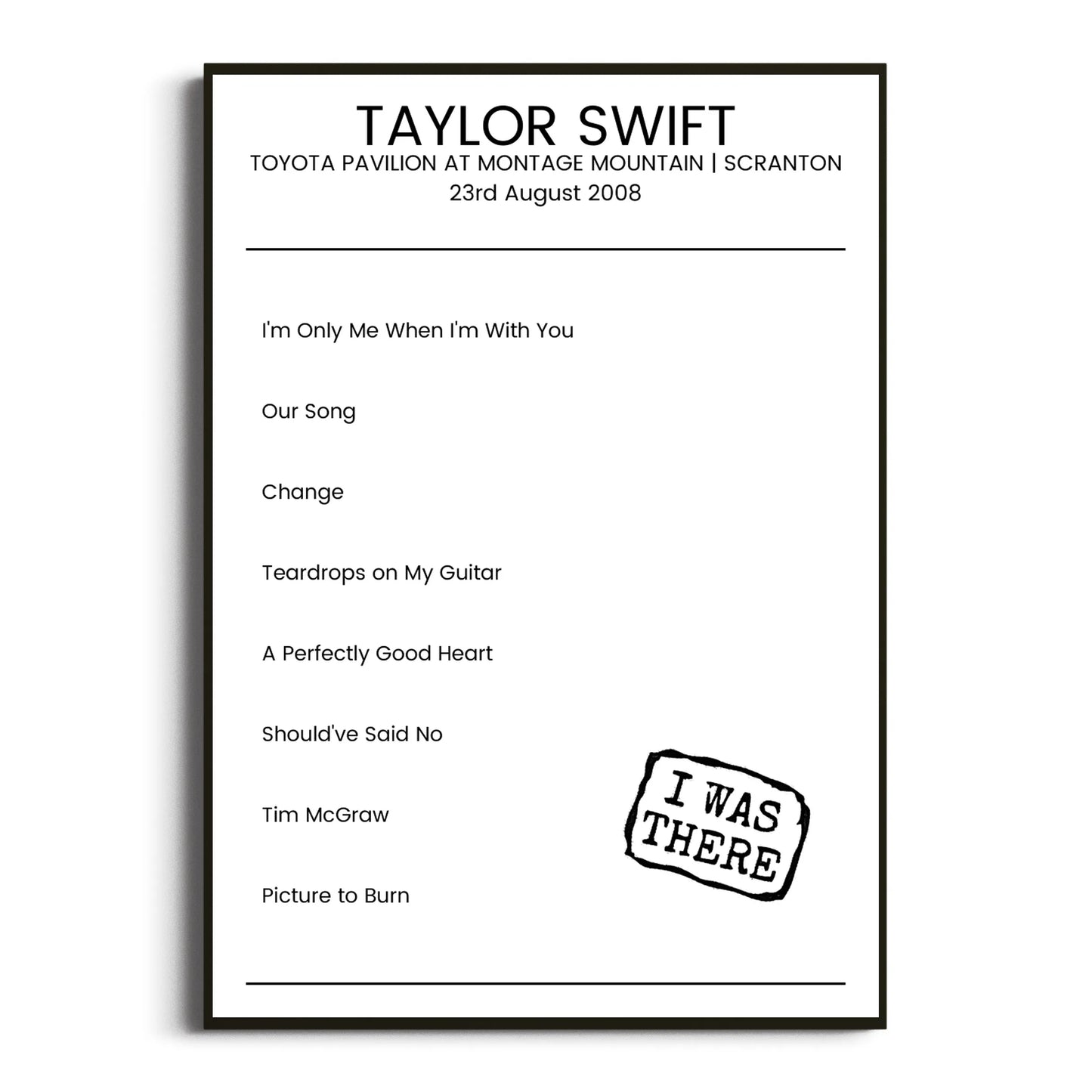 Taylor Swift Scranton 23 August 2008 Setlist Poster