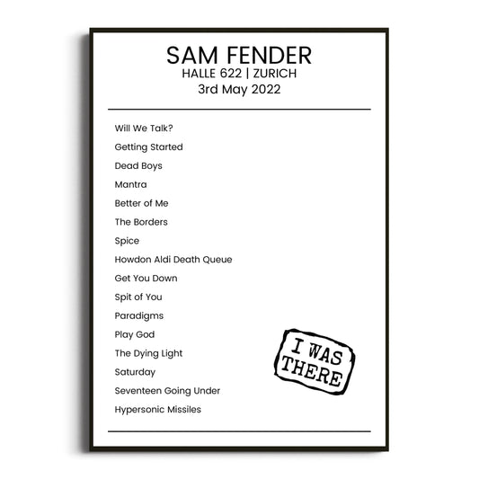 Sam Fender Zurich 03 May 2022 Setlist Poster