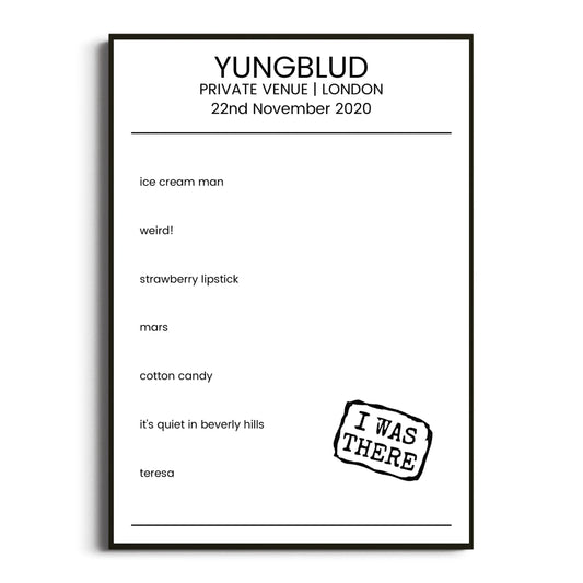 YUNGBLUD London 22 November 2020 Setlist Poster