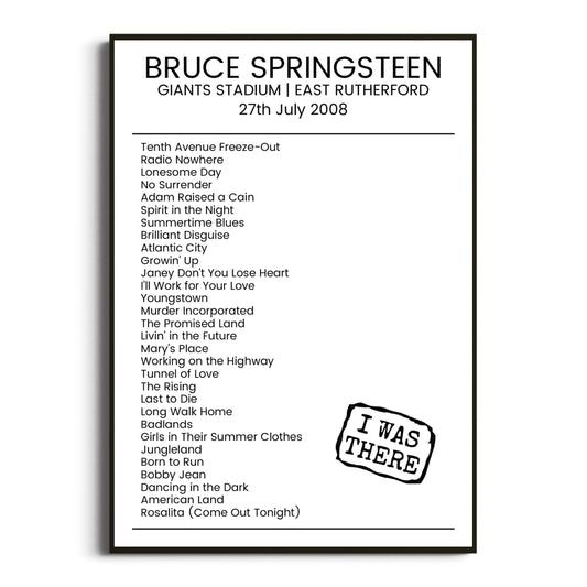 Bruce Springsteen East Rutherford 27 July 2008 Setlist Poster