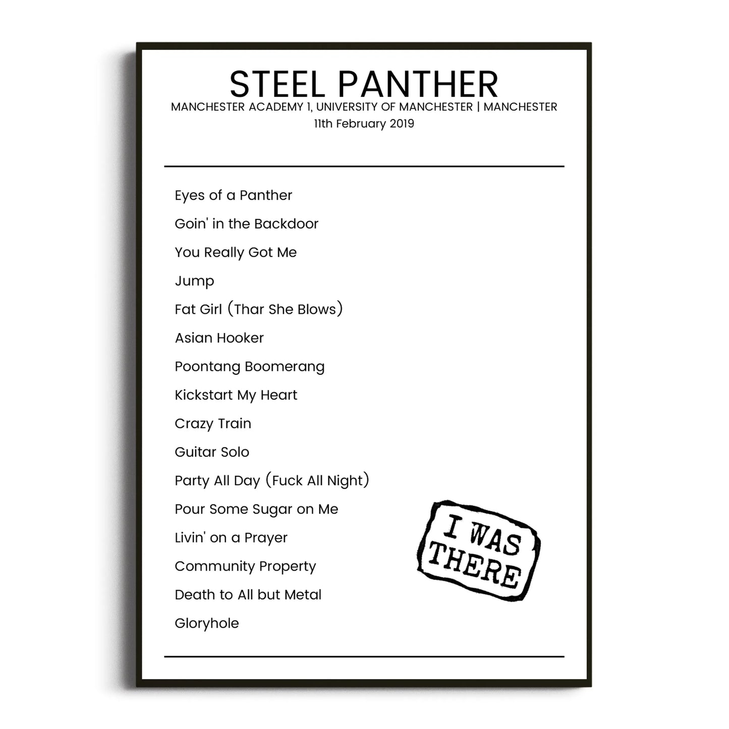 Steel Panther Manchester 11 February 2019 Setlist Poster