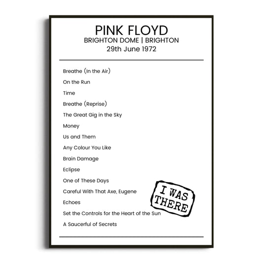 Pink Floyd Brighton 29 June 1972 Setlist Poster