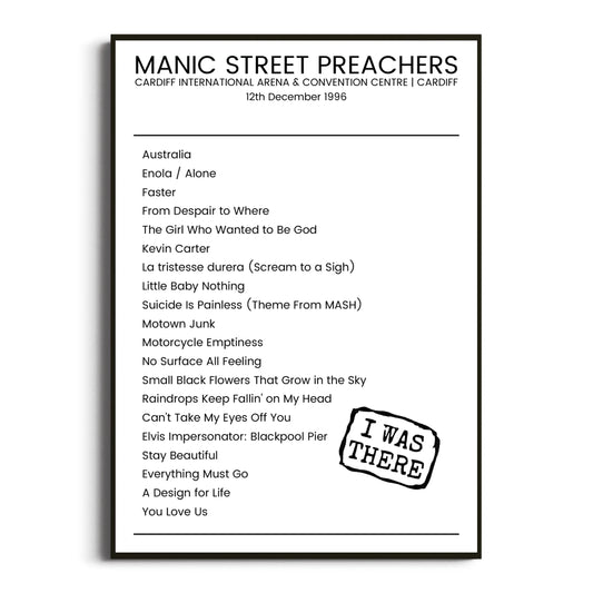 Manic Street Preachers Cardiff 12 December 1996 Setlist Poster