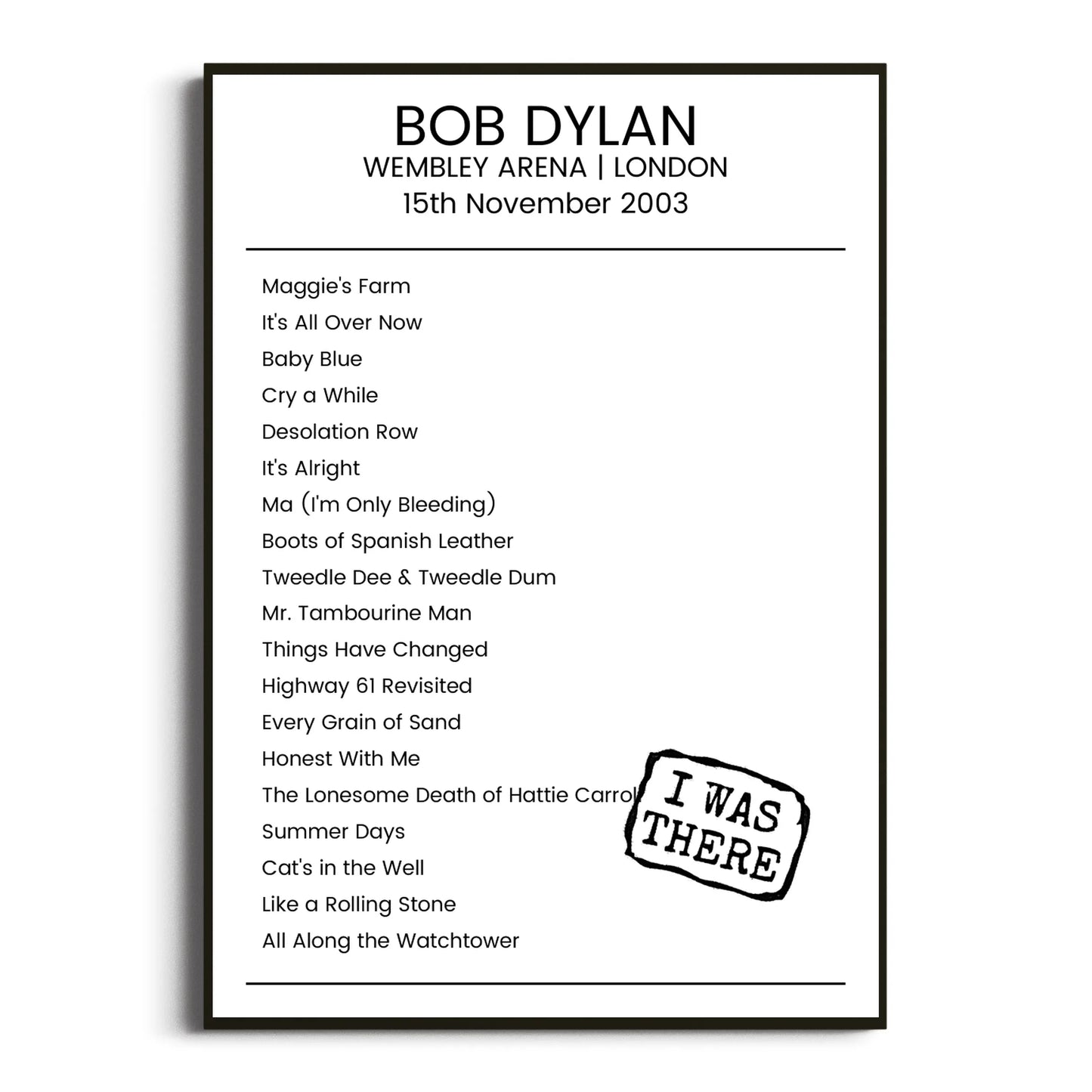 Bob Dylan London 15 November 2003 Setlist Poster