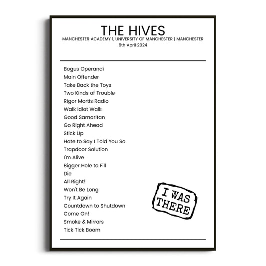 The Hives Manchester 06 April 2024 Setlist Poster