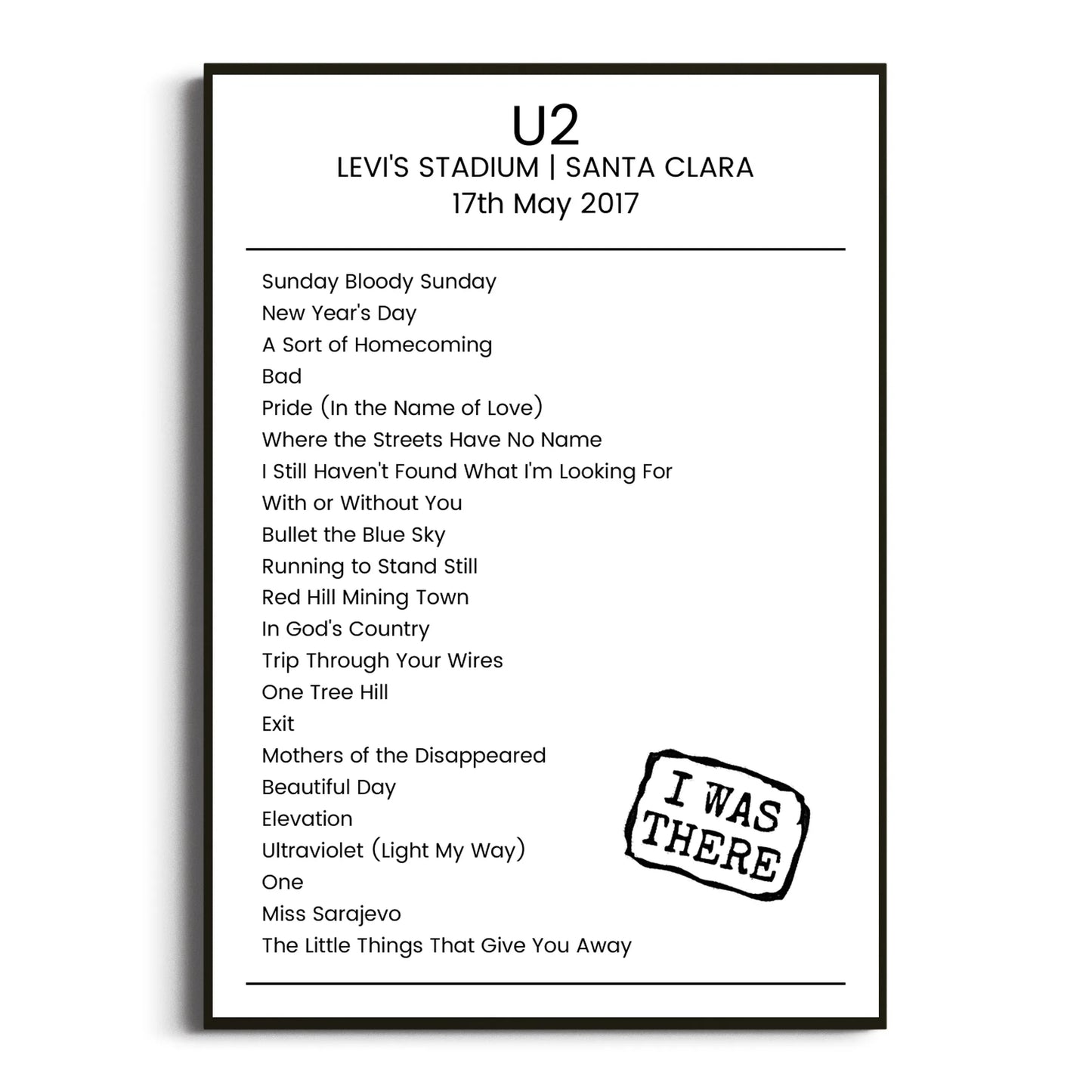 U2 Santa Clara 17 May 2017 Setlist Poster