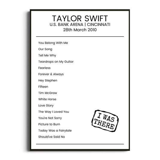 Taylor Swift Cincinnati 28 March 2010 Setlist Poster