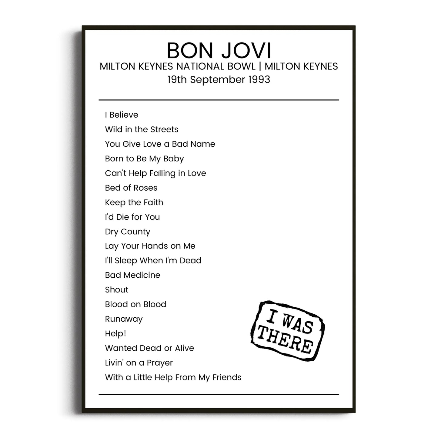 Bon Jovi Milton Keynes 19 September 1993 Setlist Poster