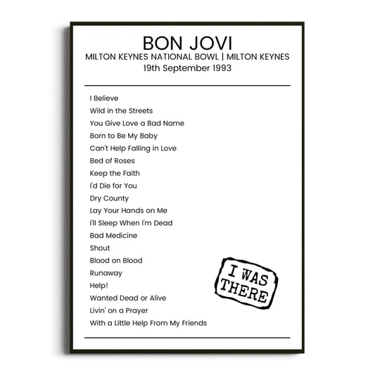 Bon Jovi Milton Keynes 19 September 1993 Setlist Poster