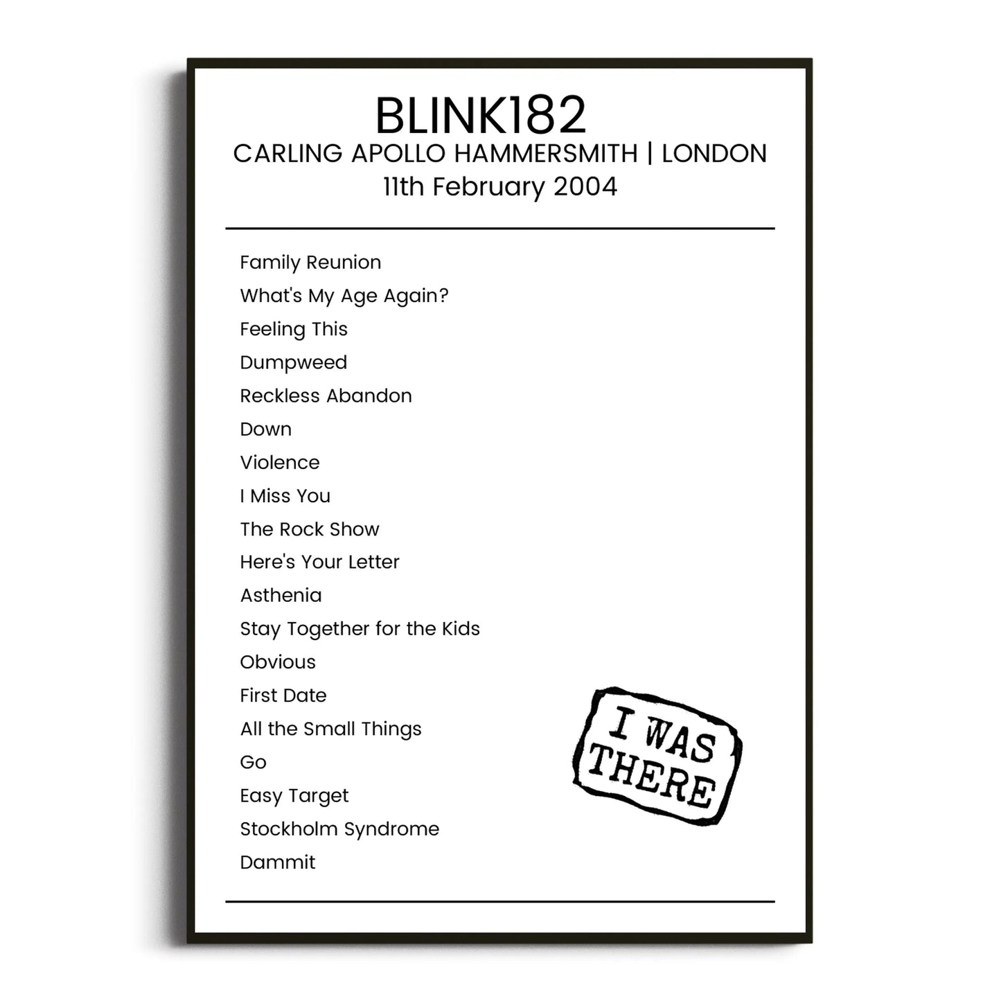 blink‐182 London 11 February 2004 Setlist Poster