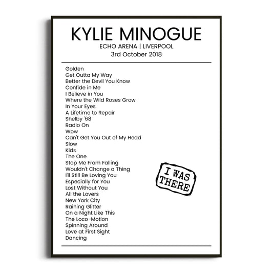 Kylie Minogue Liverpool 03 October 2018 Setlist Poster