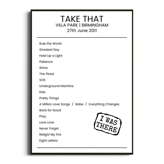 Take That Birmingham 27 June 2011 Setlist Poster