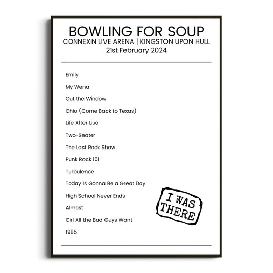 Bowling for Soup Kingston upon Hull 21 February 2024 Setlist Poster