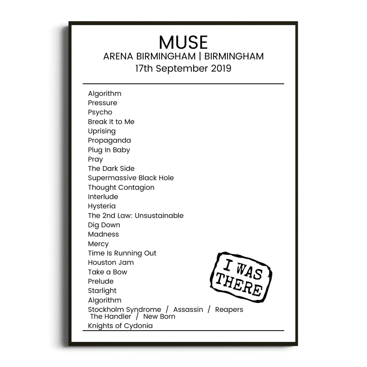 Muse Birmingham 17 September 2019 Setlist Poster