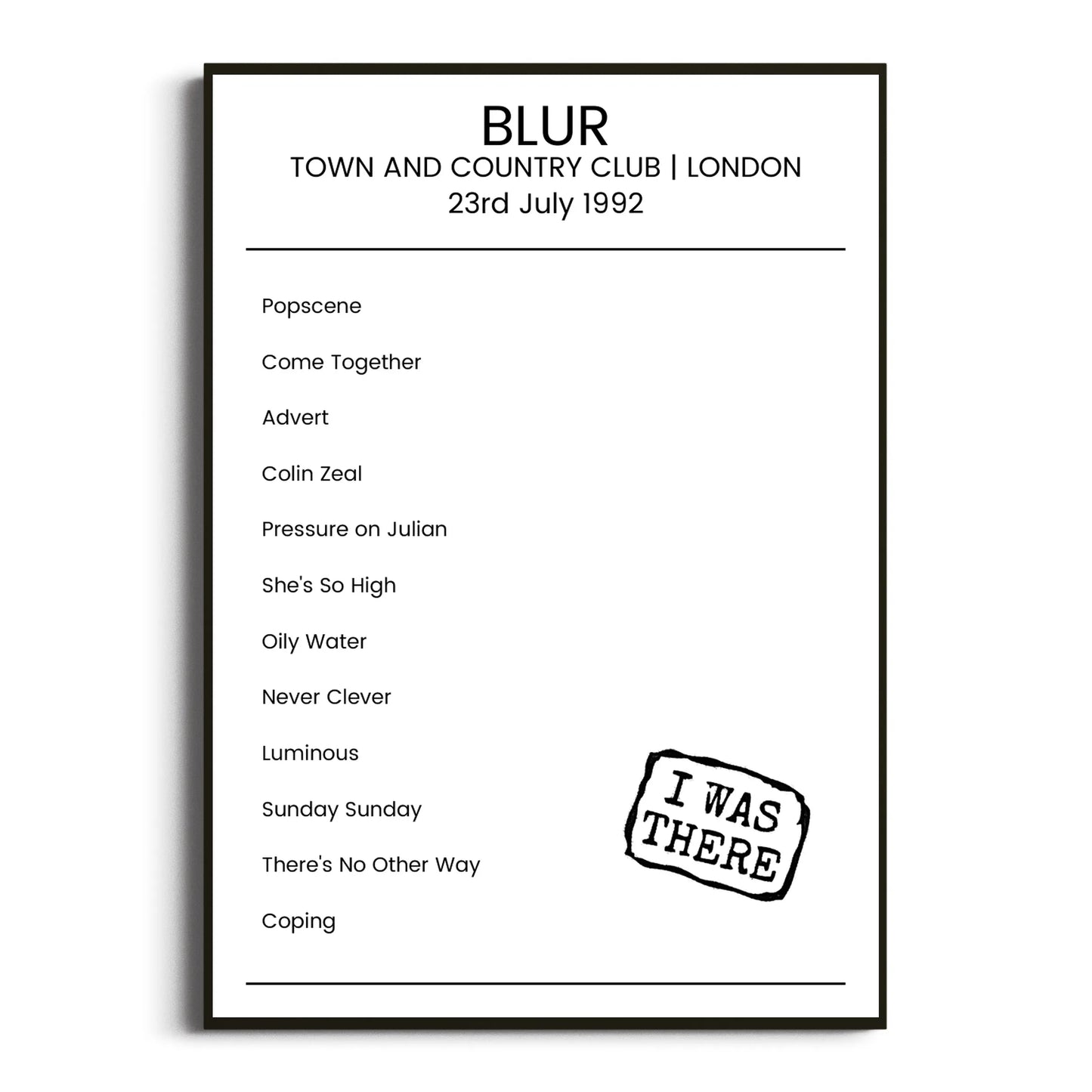 Blur London 23 July 1992 Setlist Poster