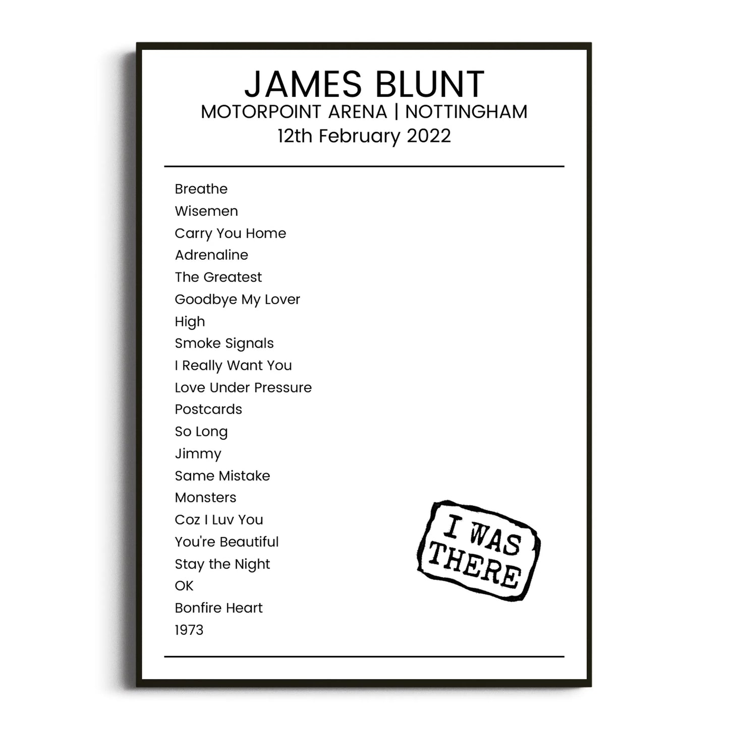 James Blunt Nottingham 12 February 2022 Setlist Poster