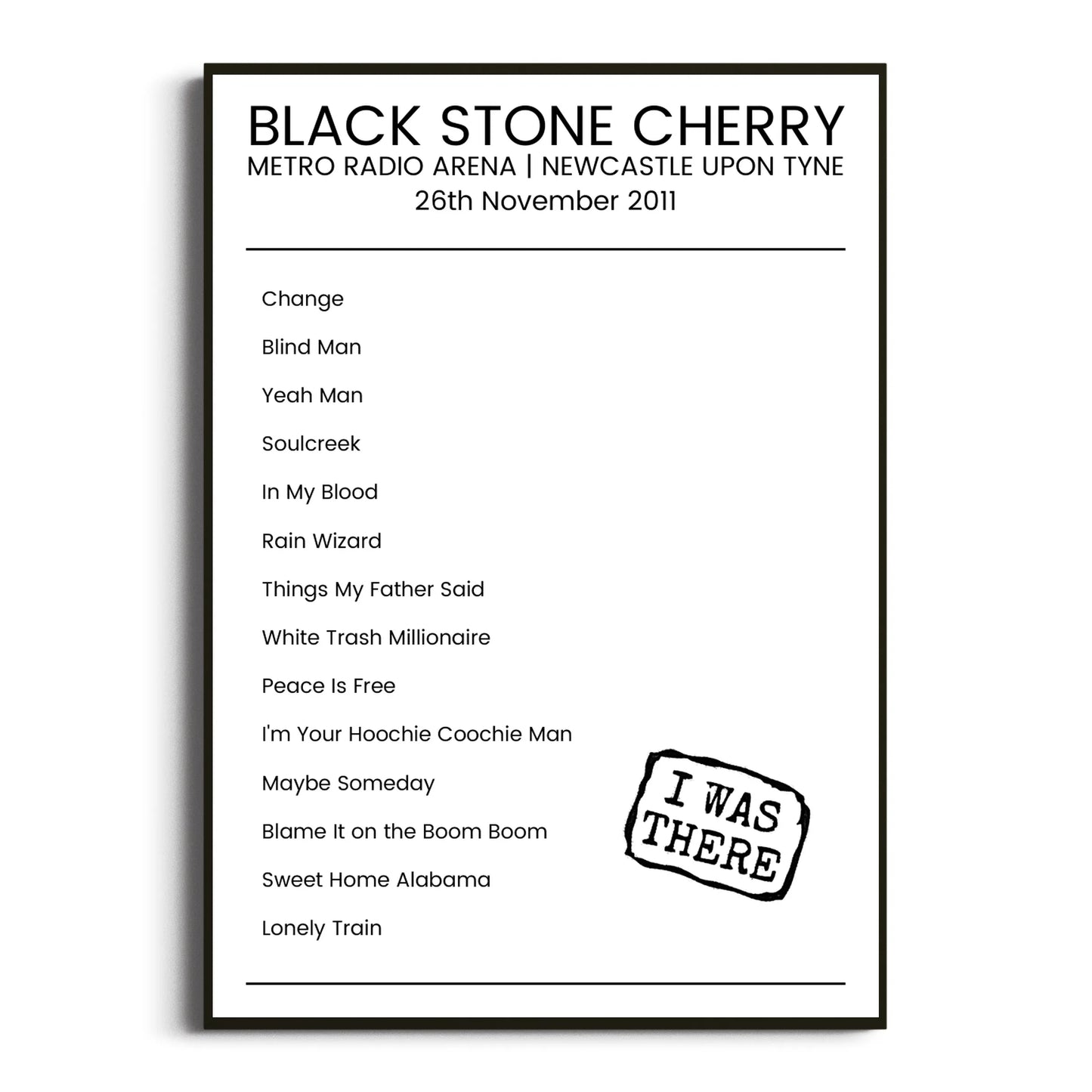 Black Stone Cherry Newcastle upon Tyne 26 November 2011 Setlist Poster