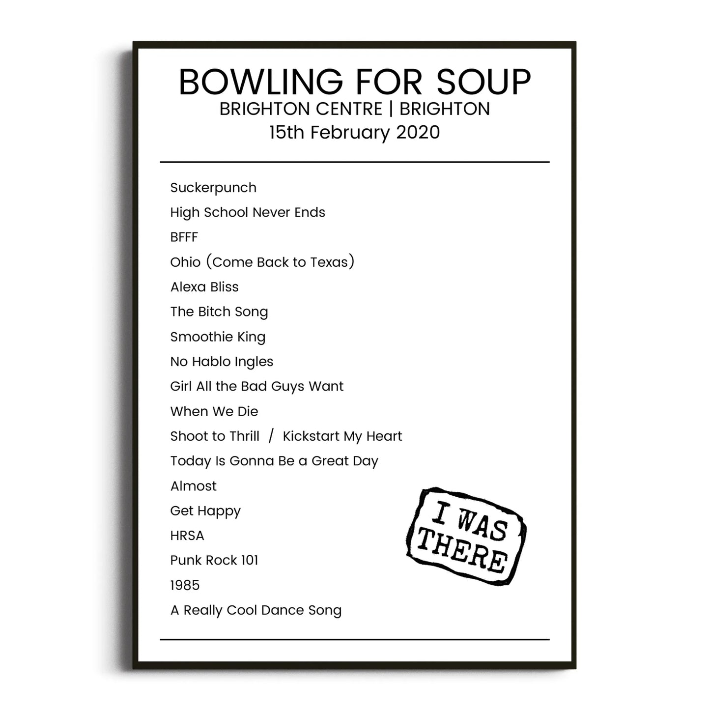 Bowling for Soup Brighton 15 February 2020 Setlist Poster