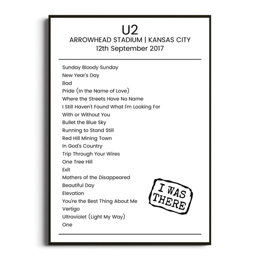 U2 Kansas City 12 September 2017 Setlist Poster